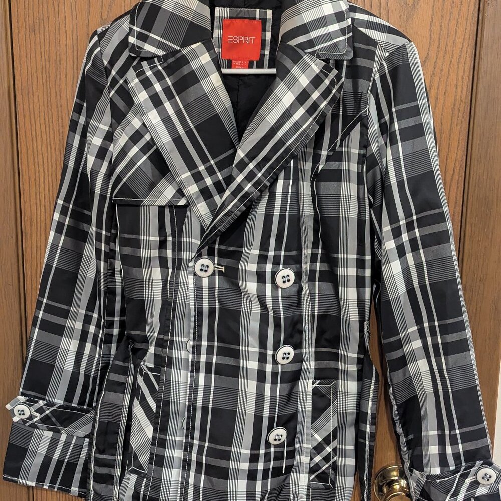 ESPRIT Tartan Plaid Black/White Trench Rain Coat/Jacket-Size Medium